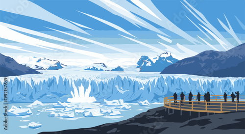 A vast glacier meets icy waters with distant snow-capped mountains under a dramatic sky