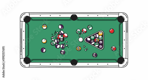 A top-down cartoon view of a pool table with balls scattered and racked in a triangle