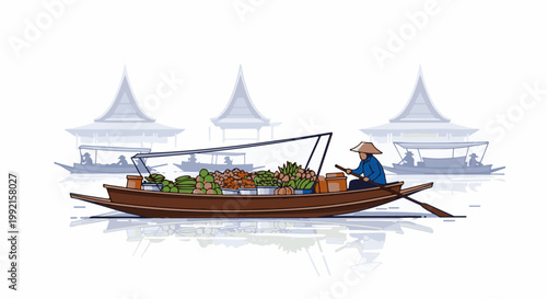 A vendor in a conical hat rows a boat laden with diverse fruits and vegetables past distant structures