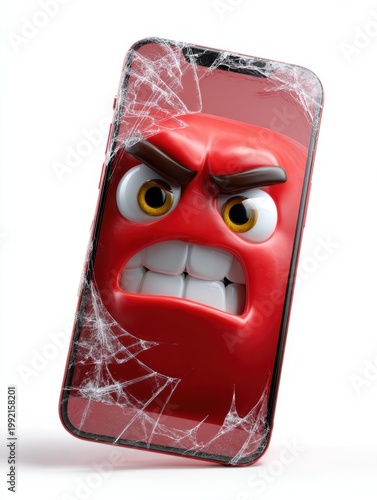 Angry emoticon bursting through cracked smartphone screen