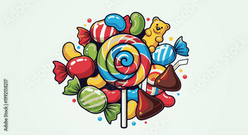 A vibrant, pixelated assortment of colorful candies, including a swirl lollipop, gummy bears, and wrapped treats