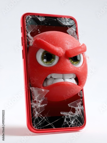 Red smartphone showing angry face with cracked screen