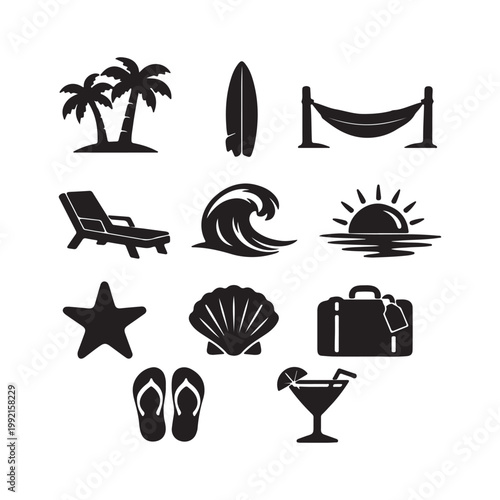 Black silhouette icons depicting a tropical vacation scene on transparent background high quality