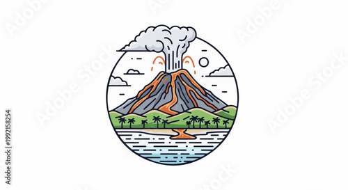 A stylized volcanic eruption erupts into a cloudy sky above a tropical coastline