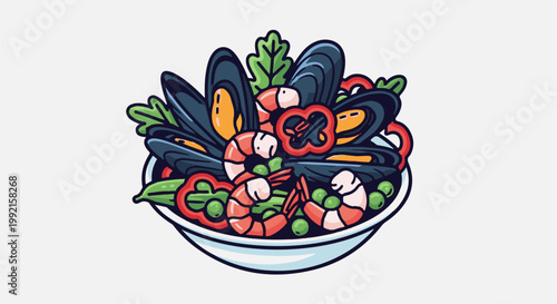 A vibrant, pixelated illustration of a seafood dish with mussels, shrimp, peas, and peppers