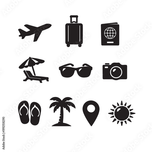 Black silhouette icons depicting travel elements airplane luggage passport and vacation essentials on transparent background
