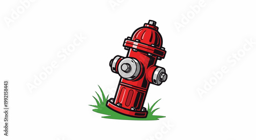 A vibrant red fire hydrant stands tall in lush green grass against a white background