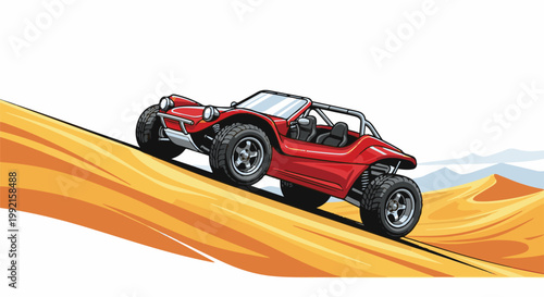 A vibrant red off-road vehicle ascends a sandy dune under a clear sky