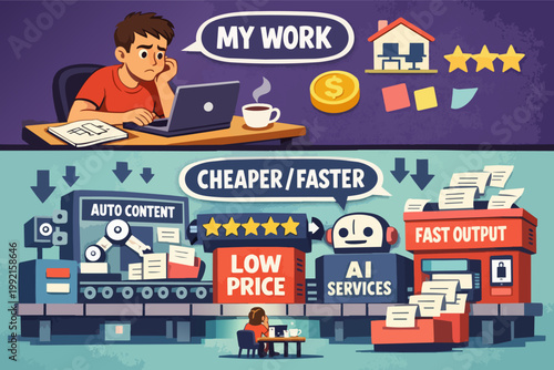 Human worker experiencing job displacement due to ai automation, creating cheaper and faster content with low price impact