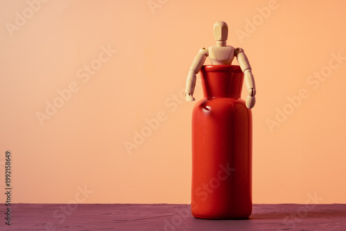Artist mannequin climbing out of red ceramic vase, liberation and breakthrough theme