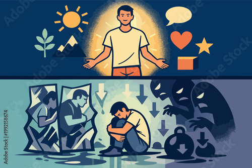 Man finding inner strength and self-care in positive psychology, contrasting with mental illness, loneliness, and emotional despair