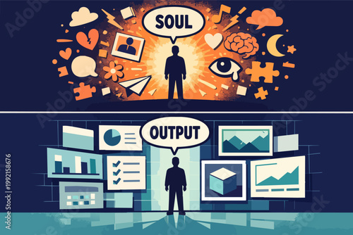 Human soul versus machine output comparing creative emotion with logical data processing and artificial intelligence