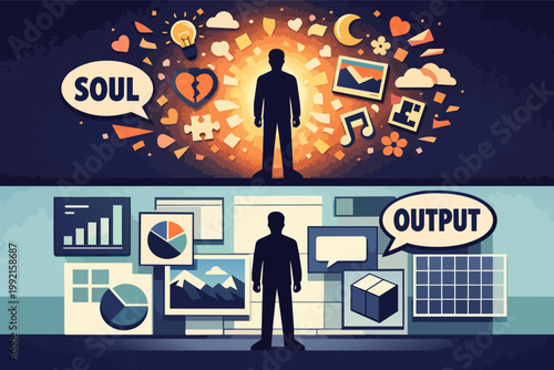 Human mind's duality balancing soul and output, contrasting creativity, emotion, and data analytics with technology