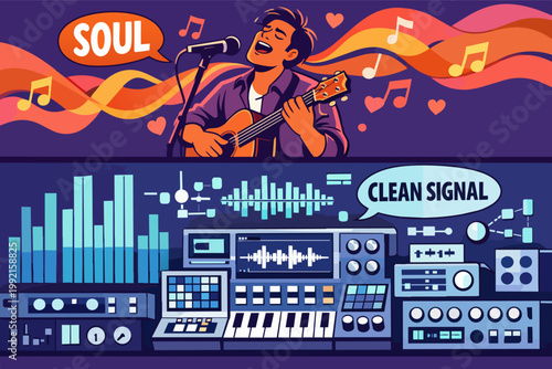 Musician playing guitar and singing with soul in a recording studio, sound engineering for a clean signal audio production