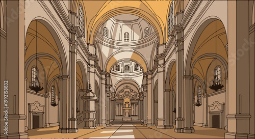 A vast, ornate church interior with soaring arches, grand columns, and dramatic lighting