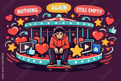 Young man trapped in social media addiction cycle on a carousel of empty likes and digital content, finding no satisfaction