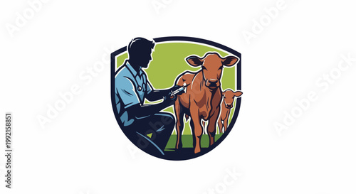 A veterinarian in silhouette administers a vaccine to a brown calf within a shield