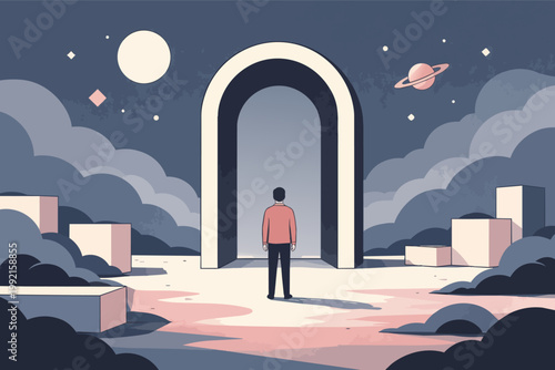 Man standing before an open archway portal leading to an unknown future or new dimension, exploring opportunity