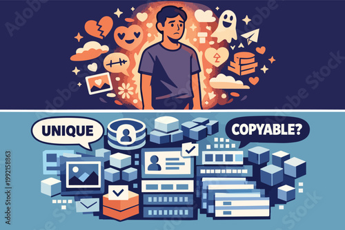 Man questioning digital identity and personal data uniqueness in an online world, surrounded by social media content and copyable data