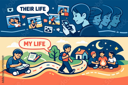 Social media envy and comparison, viewing others' curated online lives versus one's own real experiences and mental health