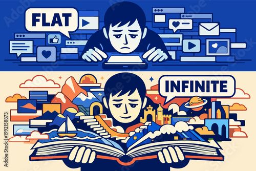 Person feeling bored with tablet digital content, then finding imagination and adventure through reading an open book