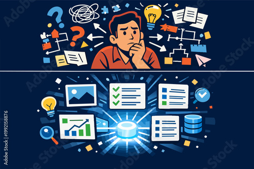Person contemplating problem solving, developing new ideas and finding solutions using data analysis and innovation process