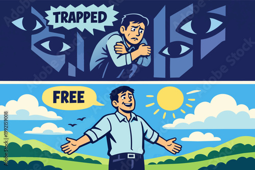 Man experiencing fear, anxiety, and feeling trapped then finding freedom, relief, and mental wellness