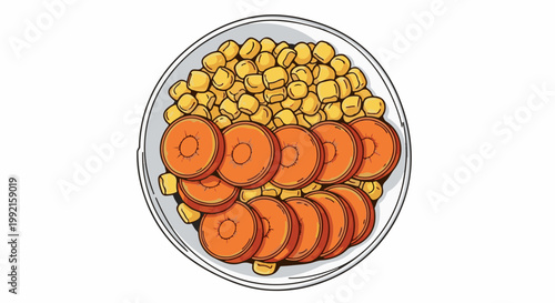 A top-down view of a plate filled with sliced carrots and yellow corn kernels