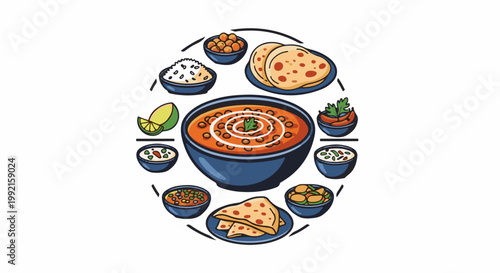 A vibrant array of delicious Indian dishes, including curries, rice, flatbreads, and chutneys, artfully arranged