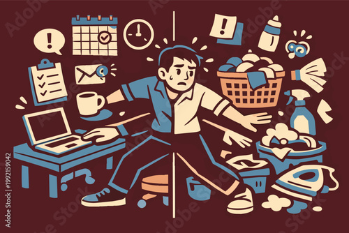 Man struggling with work-life balance, multitasking between office tasks and household chores, feeling overwhelmed and stressed