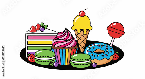 A vibrant assortment of colorful desserts on a black oval platter