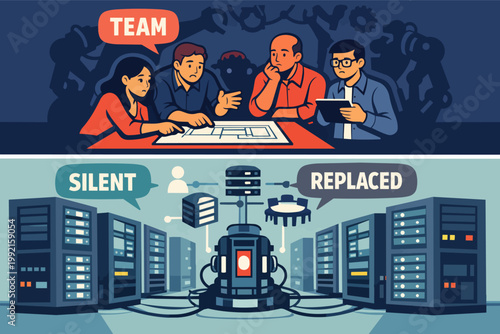 Team losing job to automation and ai taking over tasks in modern data processing workplace