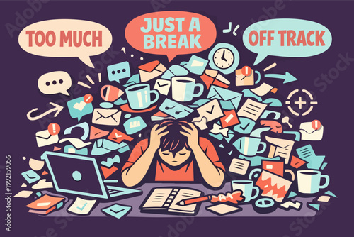 Person feeling overwhelmed by too much work, emails, messages, and deadlines, longing for a break from stress
