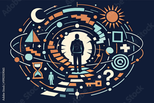Man finding life path, personal growth, and self-discovery journey surrounding by universal symbols and choices