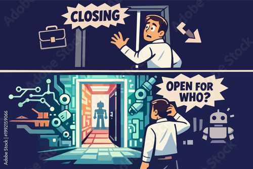 Man feeling anxious about job security with a closing door, robots replacing human labor in an automated future