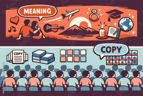 Finding personal meaning and purpose in life versus conforming to societal expectations and mass production