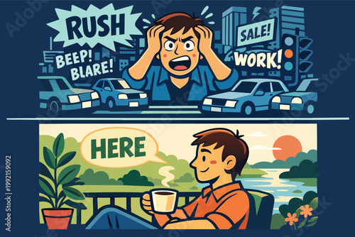 Stressed person rushing in busy city comparing urban chaos with relaxed man enjoying tranquil nature