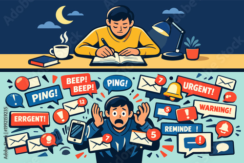 Student trying to focus on studying experiencing stress and overwhelm from constant pings, urgent messages, and warnings