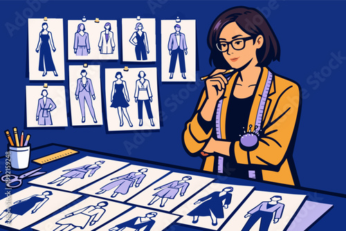 Female designer selecting apparel illustrations, brainstorming new clothing line ideas at a studio desk with tools