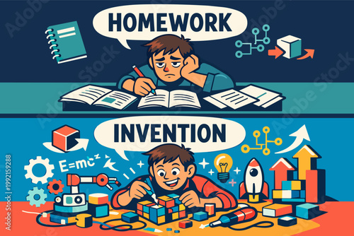 Student comparing boring homework with exciting invention, showing educational motivation and career path choices