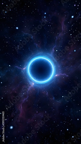 Bright blue glowing ring, pulsating with energy, floats centrally amidst a dark, star-filled galaxy, surrounded by nebulae.