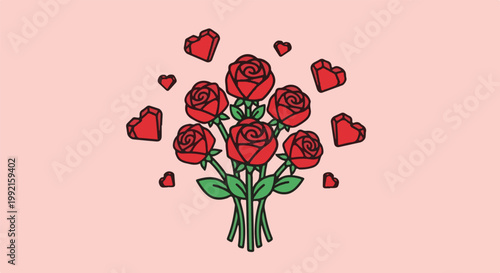 A vibrant bouquet of red roses and hearts on a soft pink background