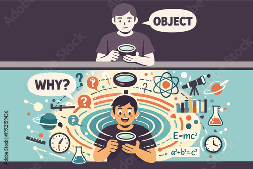 Person holding magnifying glass exploring science, asking why, discovering knowledge, and developing understanding