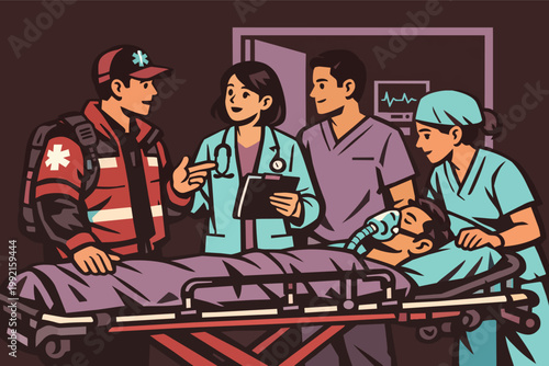 Medical team collaborating on patient transfer to emergency room, paramedic delivering update to doctor and nurses