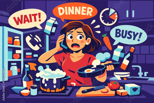 Woman standing in a chaotic kitchen, juggling phone call while cooking dinner, showing stress and a busy lifestyle