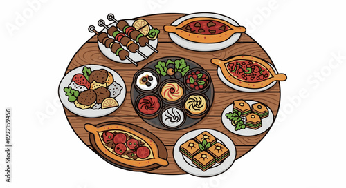 A top-down view of a round wooden table laden with various delicious Mediterranean dishes