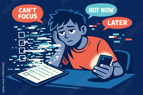 Young man procrastinating on his tasks, struggling with lack of focus, distraction, and technology addiction