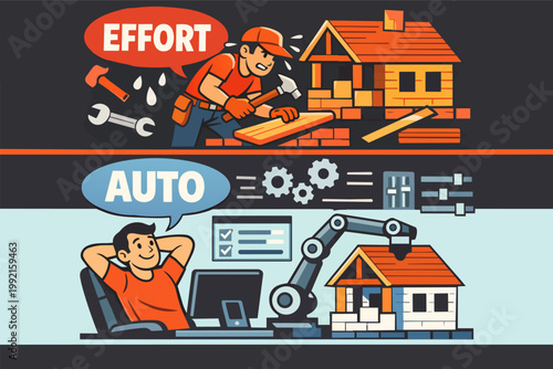 Comparing manual effort process with automation building a house, worker performing hard work versus robot working efficiently