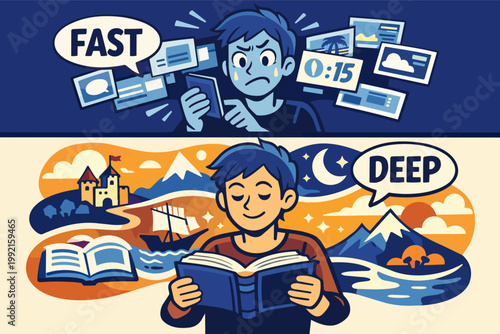 Man experiencing digital overload from phone media and finding calm, focus, and imagination through deep reading a physical book