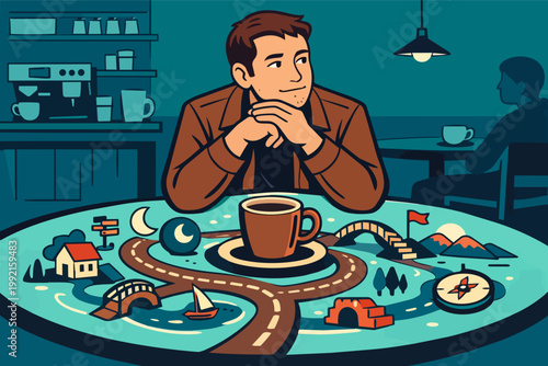 Man in cafe daydreaming about travel and adventure, a winding road leading to various destinations on the table